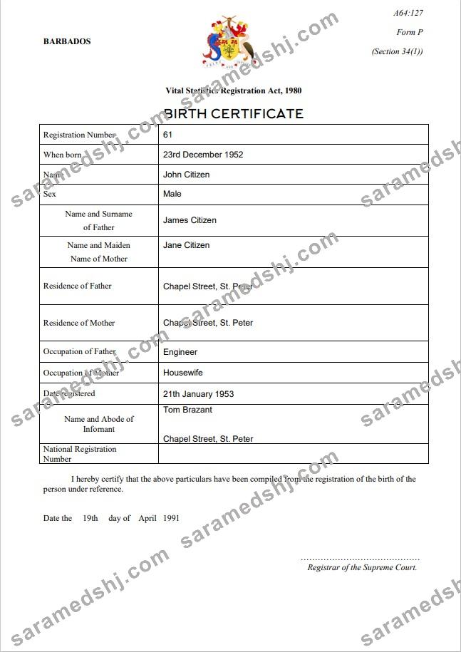 Barbados birth certificate template in Word and PDF format